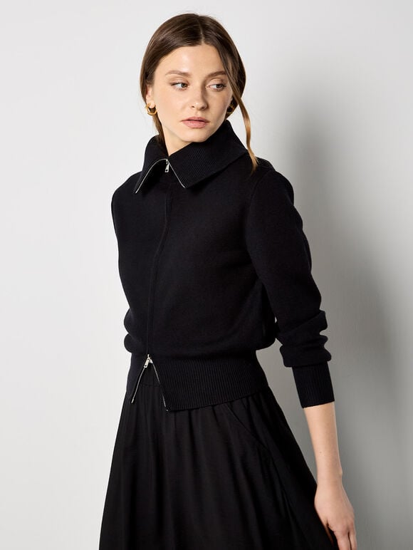Double Zip Ribbed Knit Cardigan, Black, large