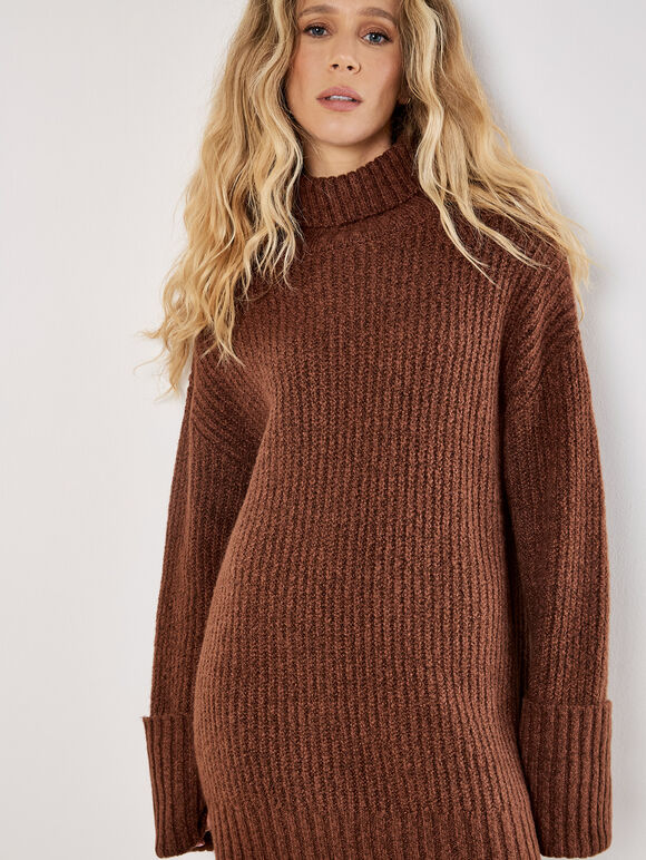Boucle Knit Fisherman Jumper Mini Dress, Rust, large