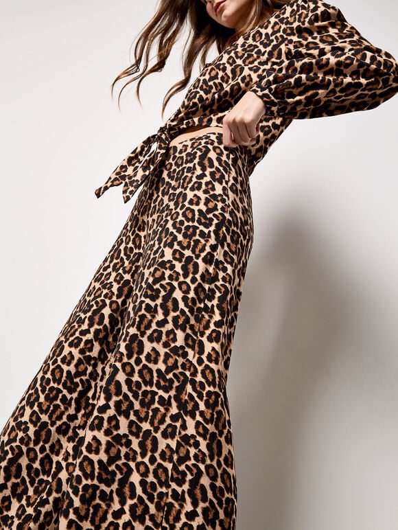 Leopard Print Wide-Leg Trousers, Brown, large