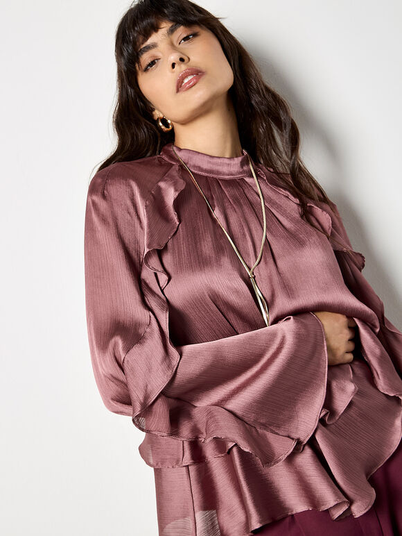 Ruffle Crinkle Satin Top, Pink, large