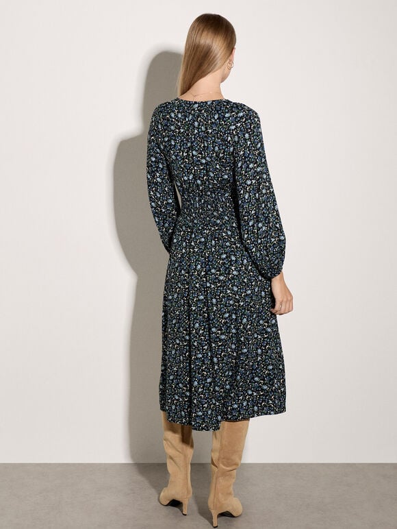 Ditsy Floral Crepe Midi Dress, Navy, large