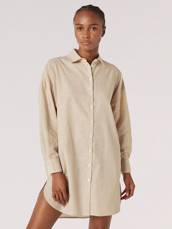 Lightweight Oversized Shirt Mini Dress, Stone, large