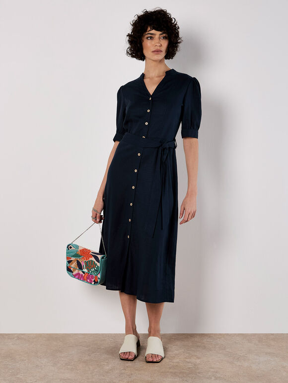 Button Down Linen Blend Midi Dress, Navy, large