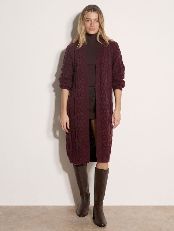 Chunky Cable Knit Longline Cardigan, Plum, large
