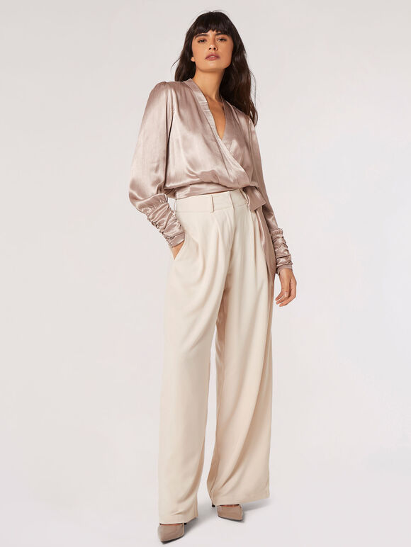 Textured Satin Wrap Top, Stone, large