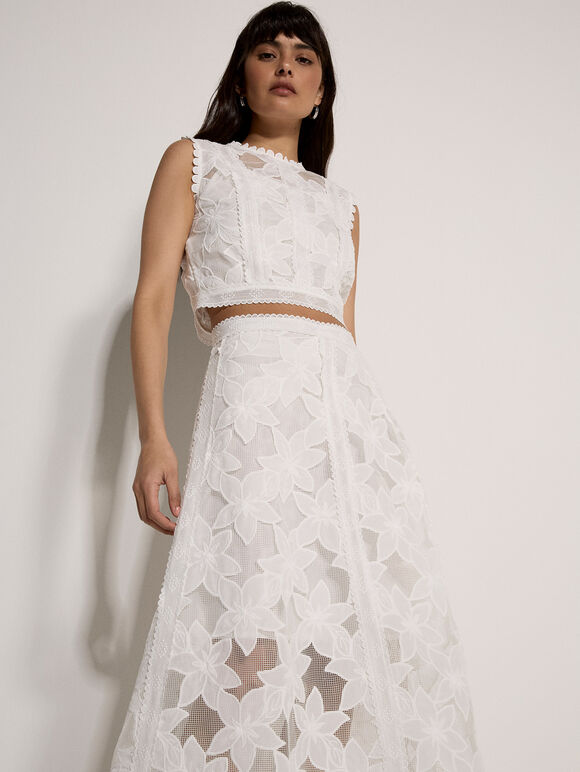 Floral Mesh Lace Midi Skirt, White, large