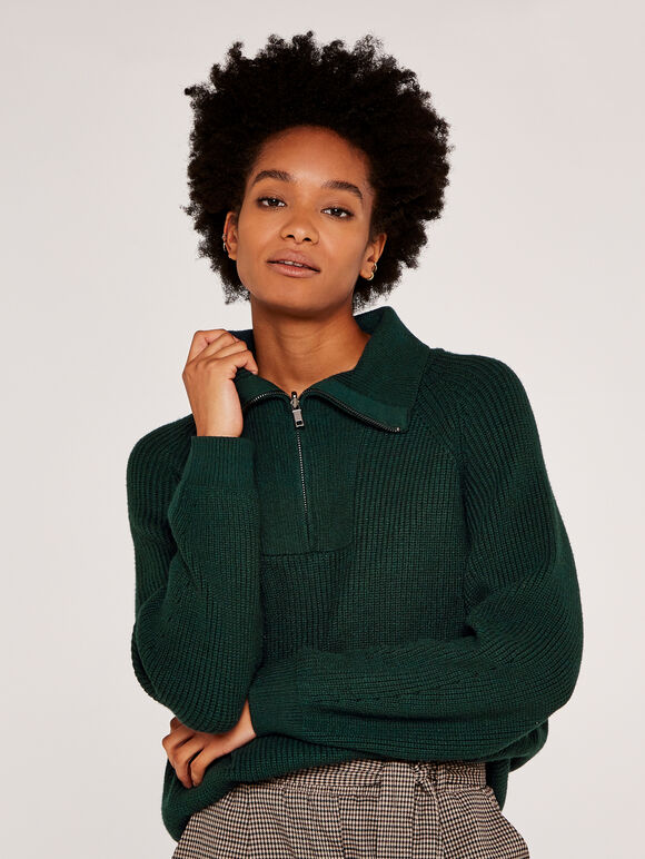 Zip High Neck Jumper, Green, large