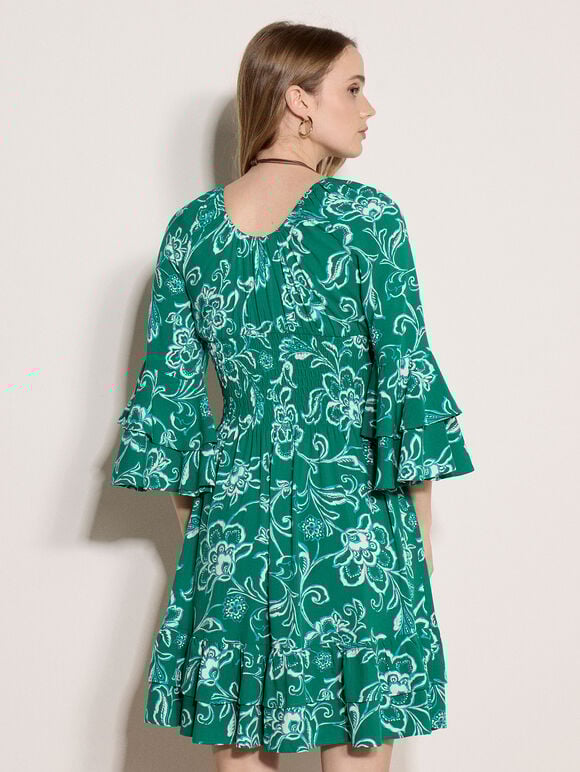 Floral Smocked Ruffle Mini Dress, Green, large
