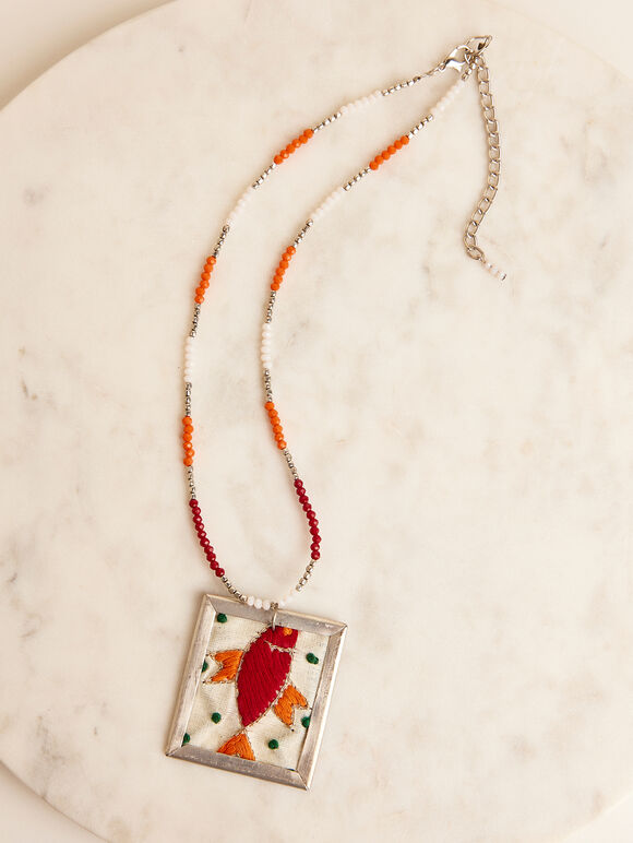 Silver Tone Embroidered Fish Beaded Necklace, Assorted, large