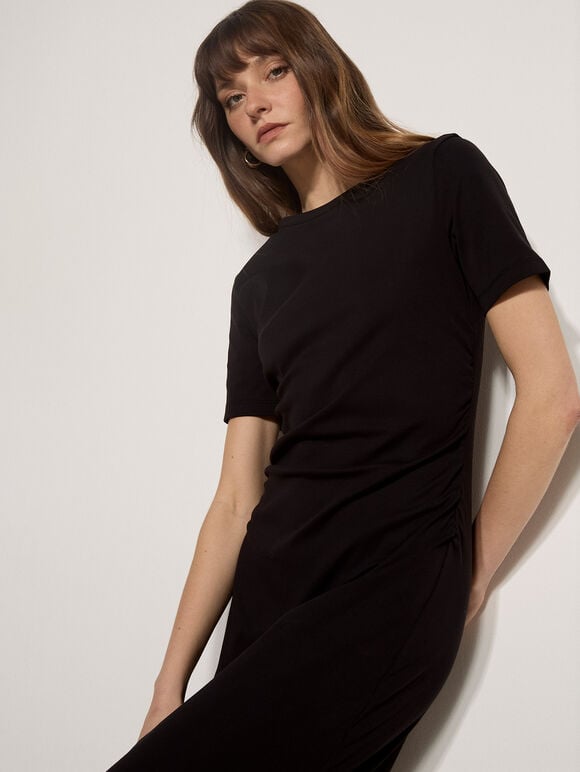 Cotton Ruched T-Shirt Maxi Dress, Black, large