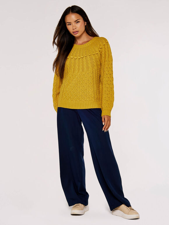 Aran Knit Pom Pom Jumper, Mustard, large