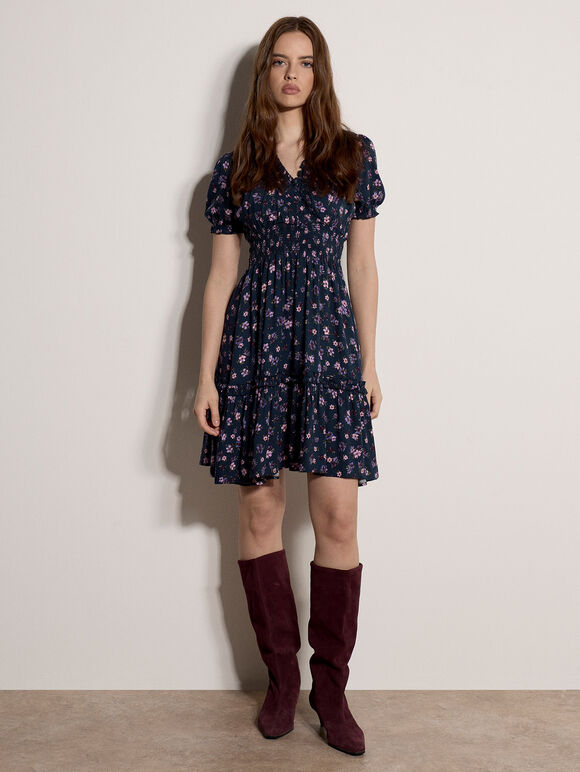 Floral Print Smocked Mini Dress, Navy, large