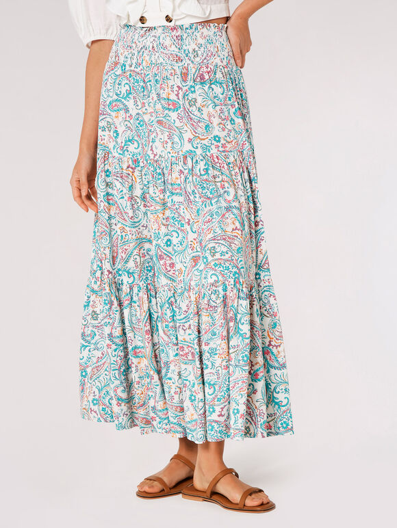 Paisley Tiered Maxi Skirt, Aqua - Turquoise, large