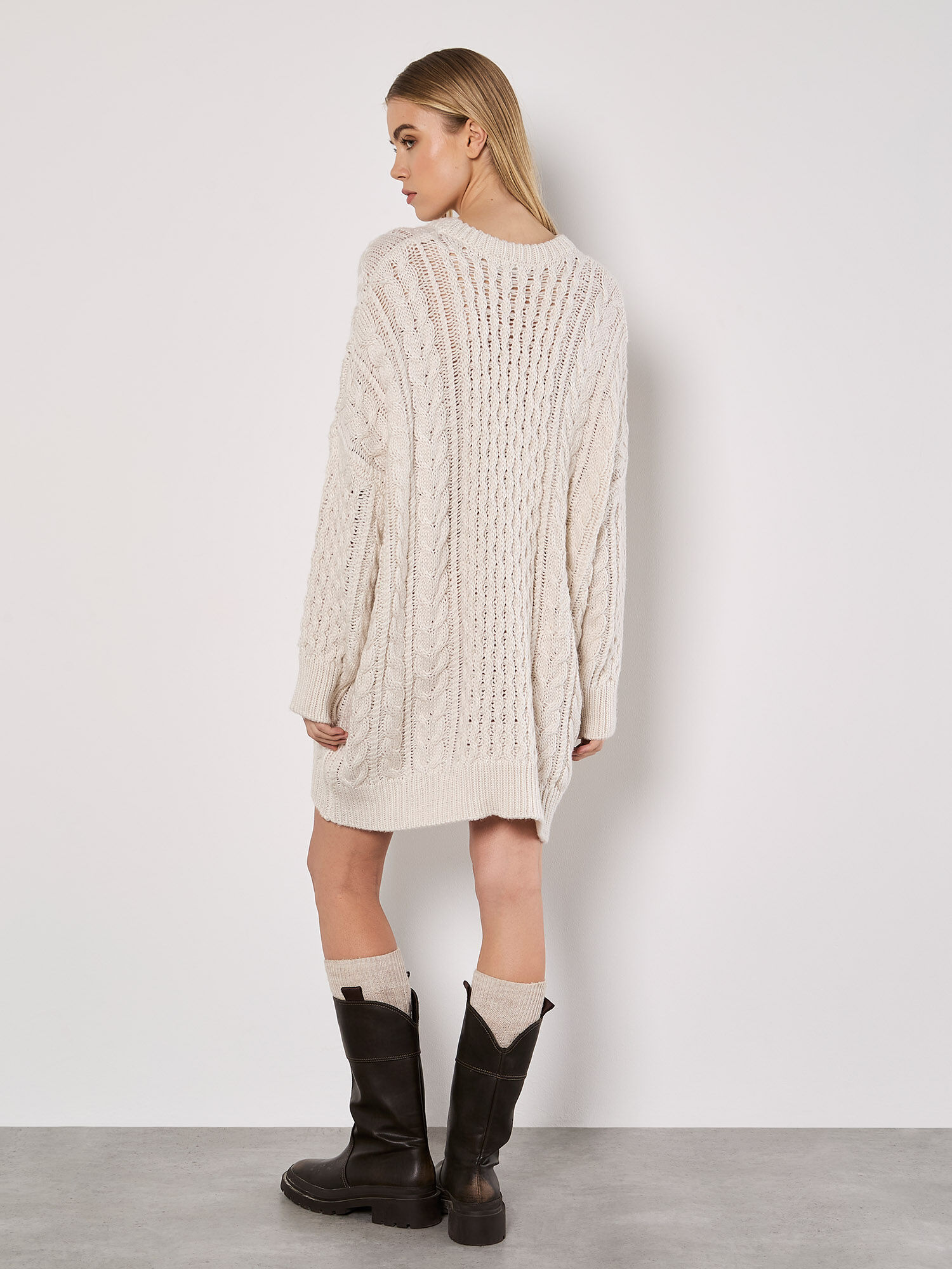 Oversized Cable Knit Jumper Mini Dress Apricot Clothing