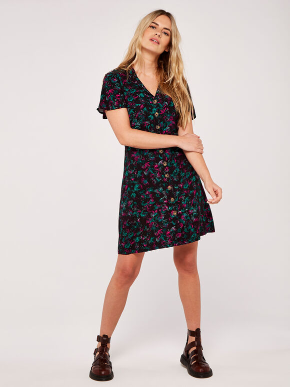 Abstract Print Button Dress, Black, large