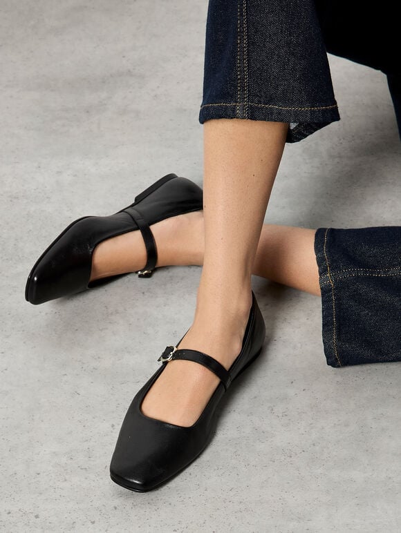 Leather Mary Jane Shoes, Black, large