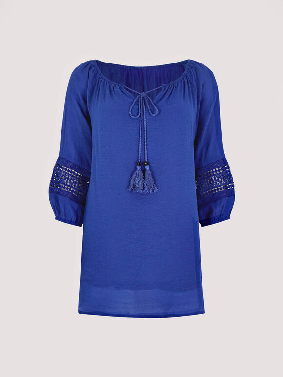 Crochet Detailled Slub Top, Blue, large