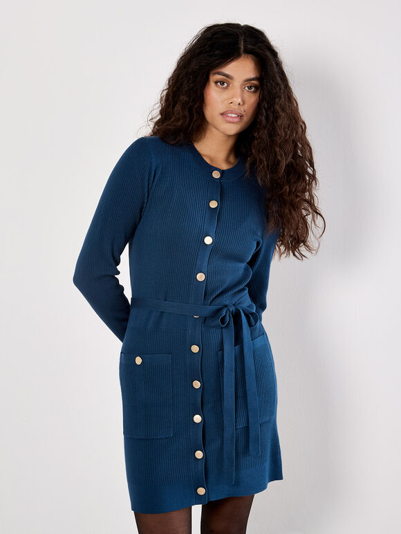 Ribbed Knit Button-Down Mini Dress, Teal, large