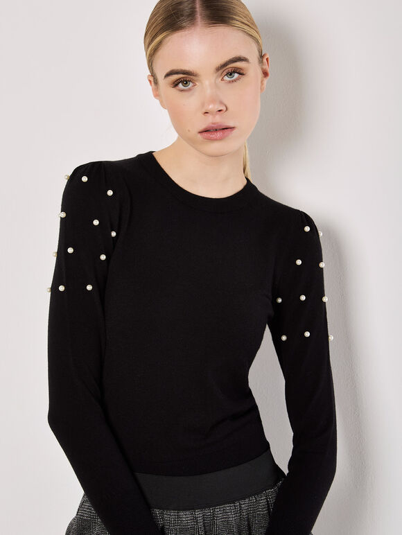 Pearl Embellished Fine Knit Jumper, Black, large