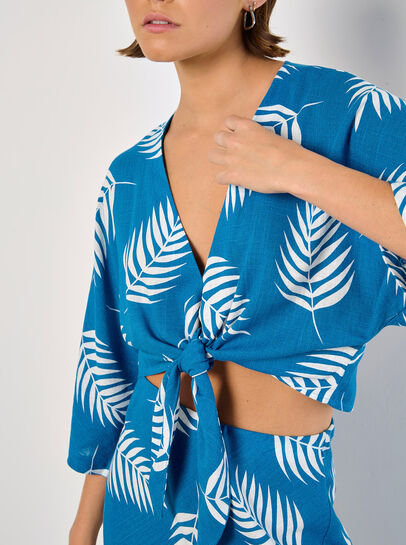 Tropical Leaf Tie Hem Crop Top