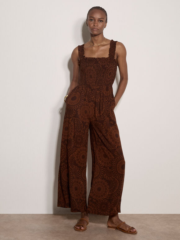Kaleidoscope Shirred Wide-Leg Jumpsuit, Brown, large