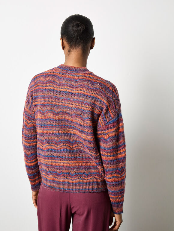 Pointelle Knit Stripe Jumper, Orange, large