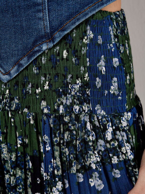 Floral Patchwork Crinkle Wide-Leg Trousers, Navy, large