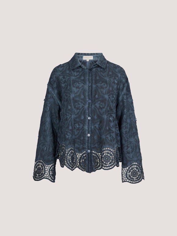 Textured Cotton Floral Crochet Blouse, Navy, large