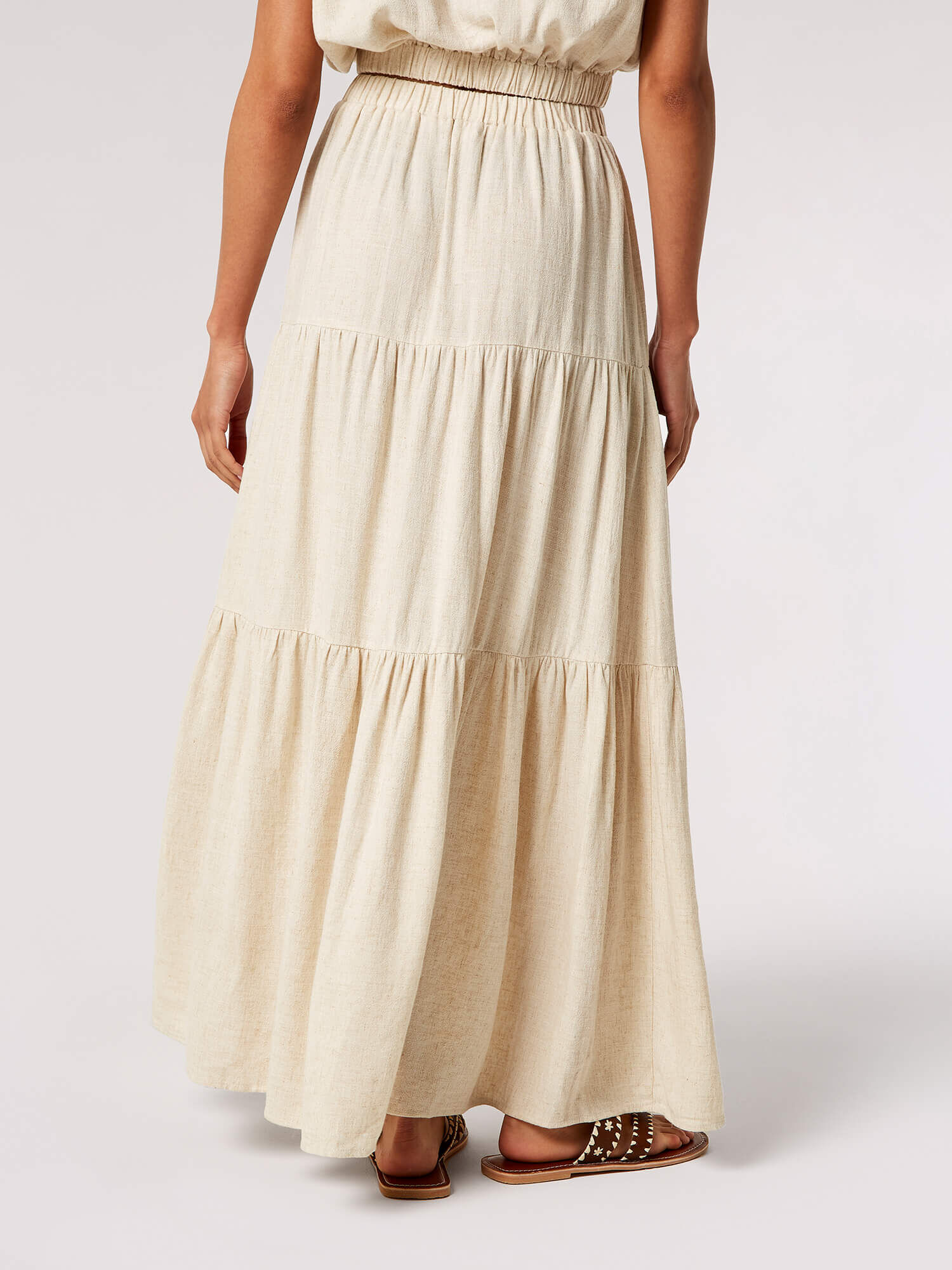Linen Blend Tiered Maxi Skirt Apricot Clothing