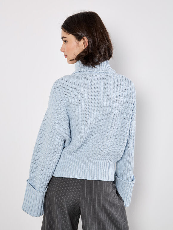 Chunky Knit Roll Neck Jumper, Blue, large