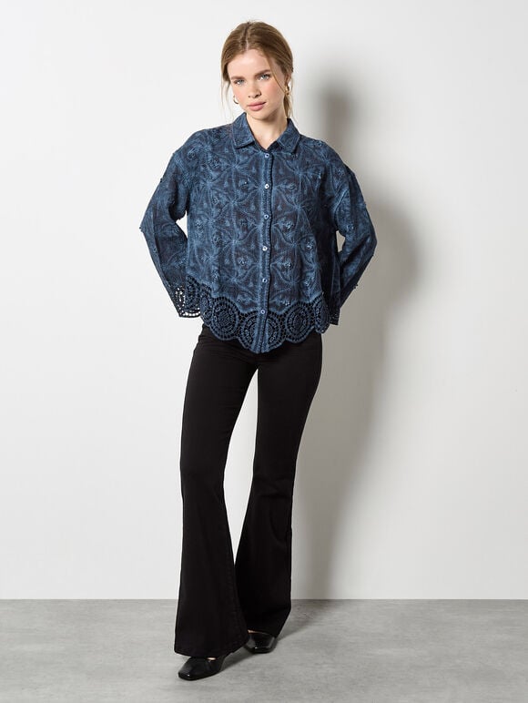 Textured Cotton Floral Crochet Blouse, Navy, large