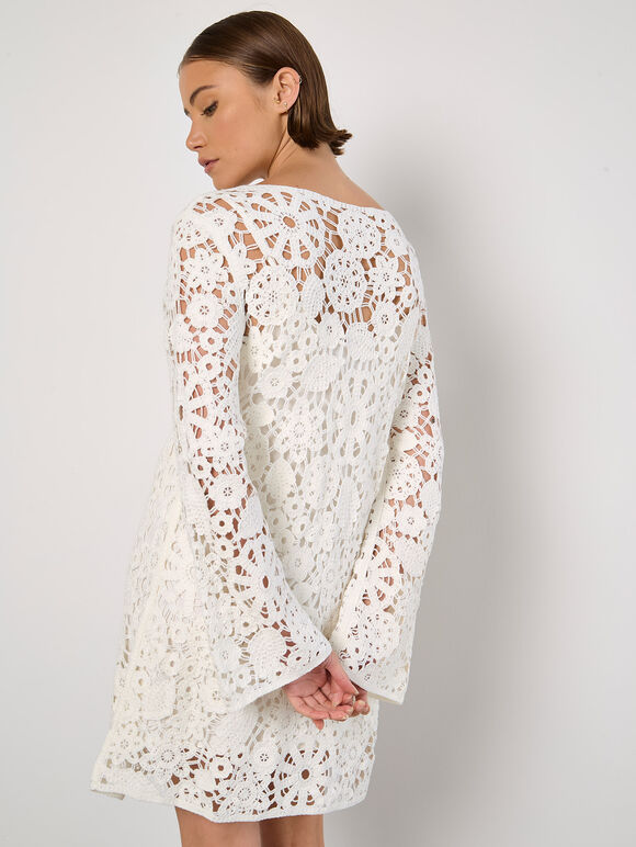 Floral Crochet Shift Mini Dress, White, large