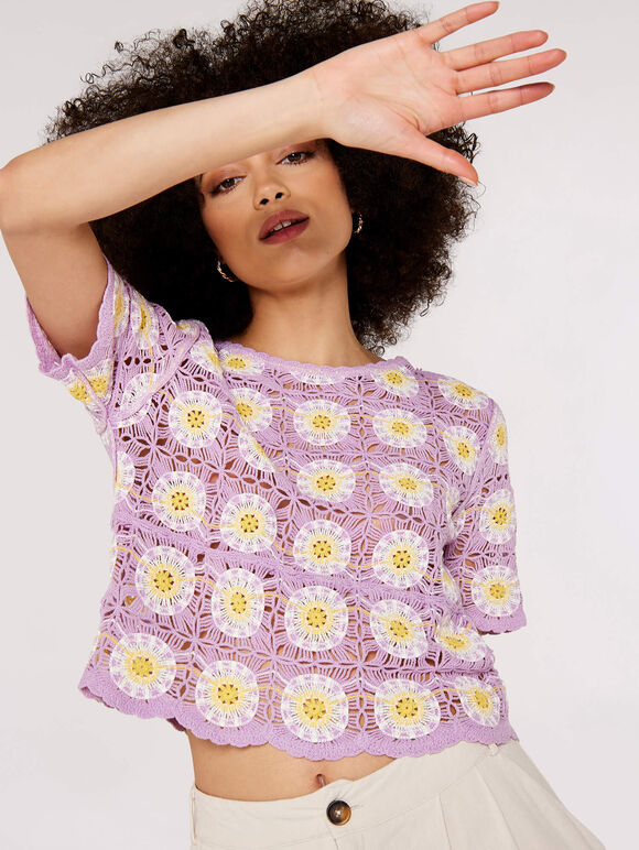Granny Square Crochet Tee, Lilac, large