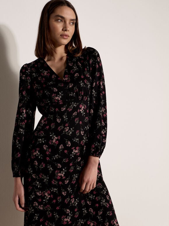 Floral Print Midi Dress, Black, large