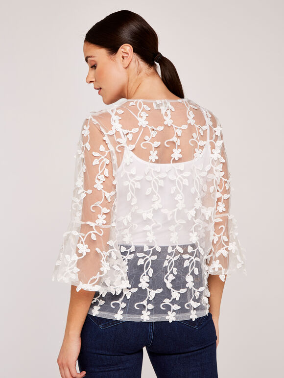 Lace Applique Mesh Top, Cream, large