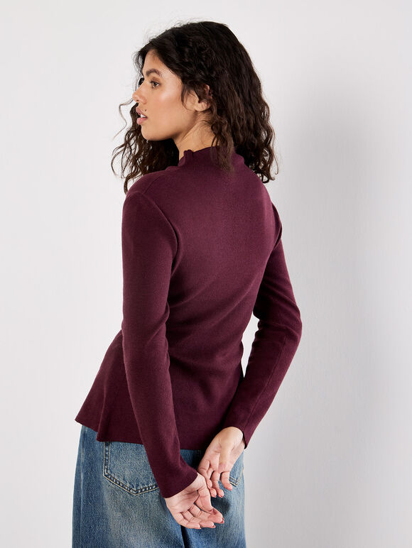 Button-Down Pleat Knit Top, Burgundy, large