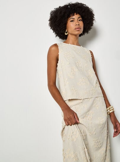 Embroidered Floral Linen Blend Shell Top