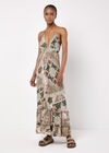 Satin Scarf Print Maxi Dress, Khaki, large