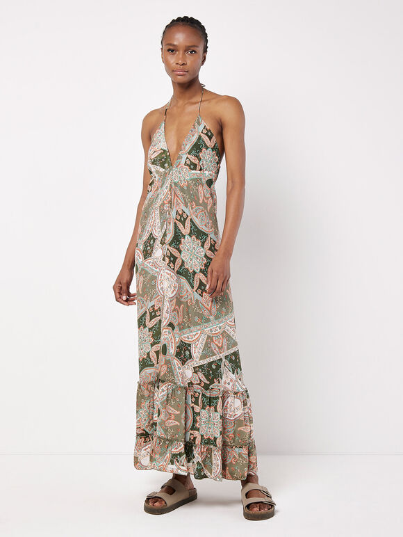 Satin Scarf Print Maxi Dress, Khaki, large