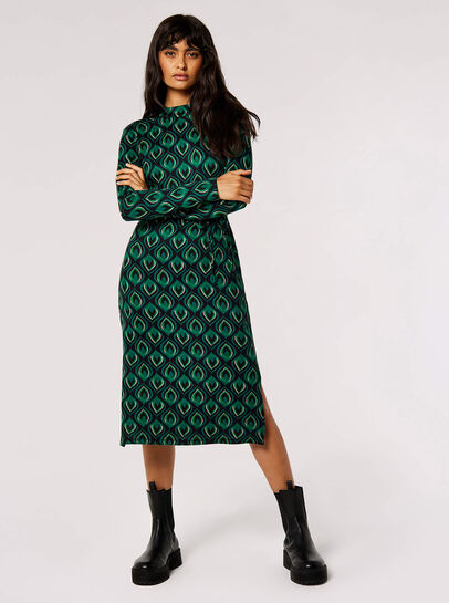 Peacock Print  Knit Midi Dress