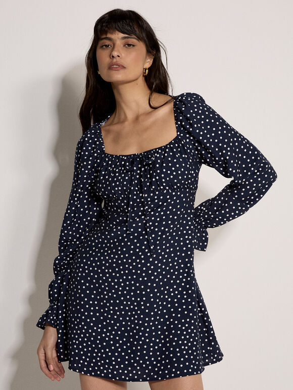 Polka Dot Milkmaid Mini Dress, Navy, large