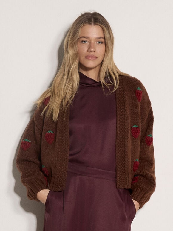 Chunky Knit Strawberry Cardigan, Brown, large