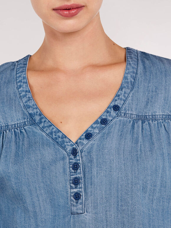 Denim Button Through Tee, Blue, large