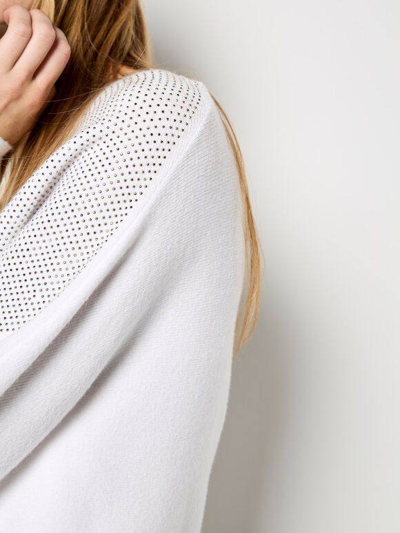 Stud Embellished Batwing Jumper, White, large