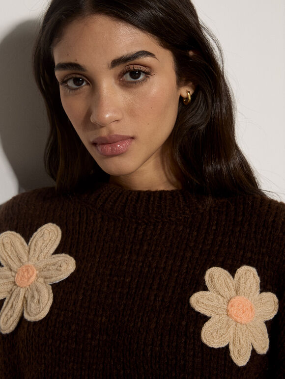 Chunky Knit Flower Applique Jumper, Brown, large