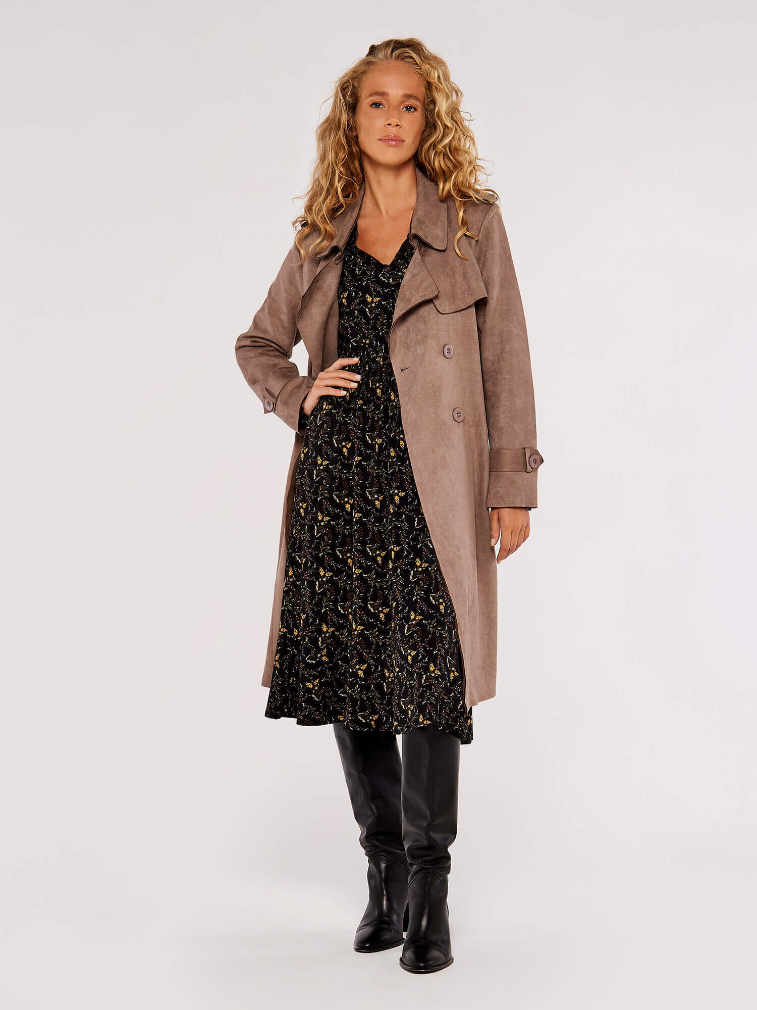 Double Breasted Suede Belted Trench Coat Apricot Clothing