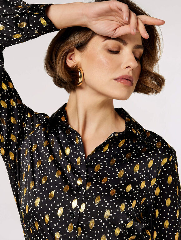 Foil Shirt Mini  Dress, Black, large