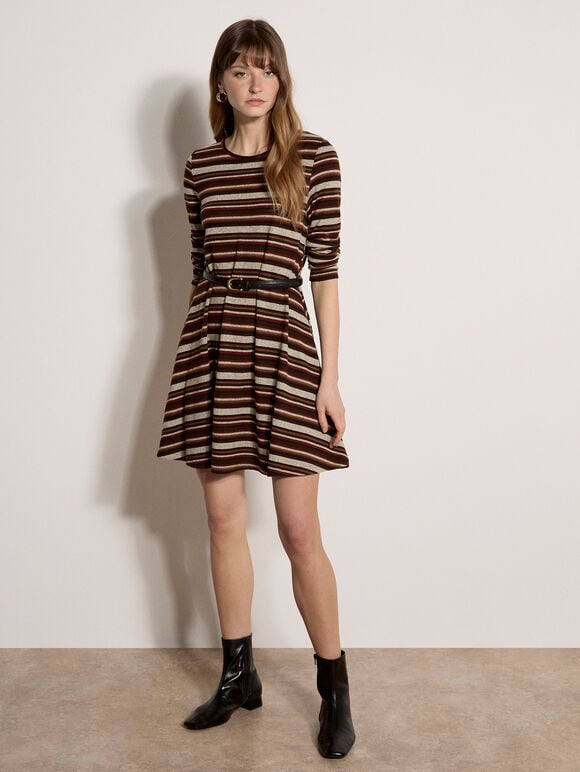 Engineered Stripe Swing Mini Dress, Brown, large