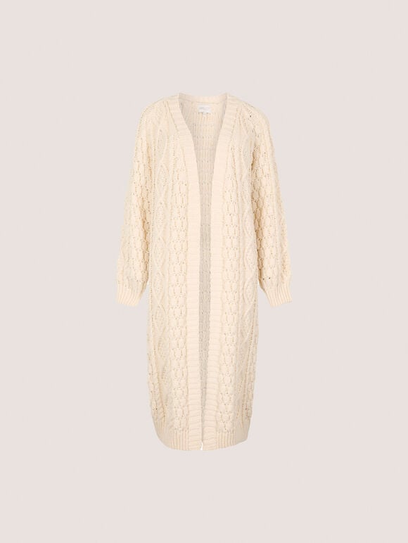 Chunky Cable Knit Longline Cardigan, Cream, large