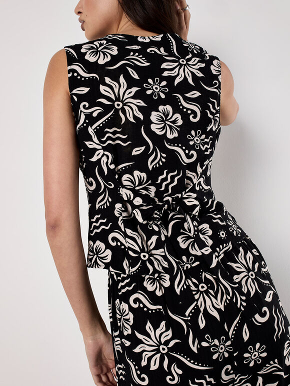 Tropical Print Corset Top, Black, large